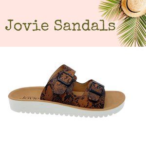 Jovie Cognac Snakeskin Faux Leather 2 Strap Slip-On Sandal